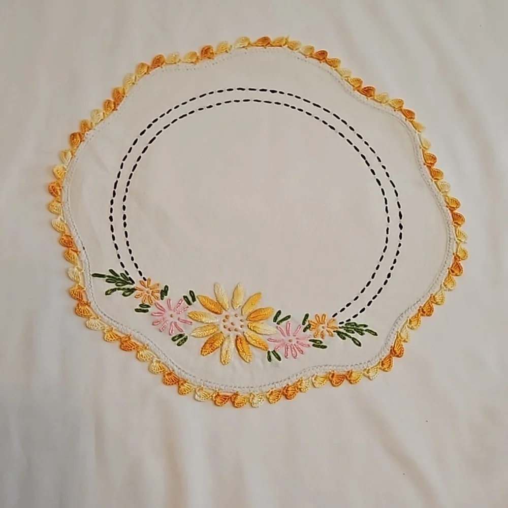Hand Crafted Needlepoint Doily Circular Set-5 Botanical yellow floral farmhouse